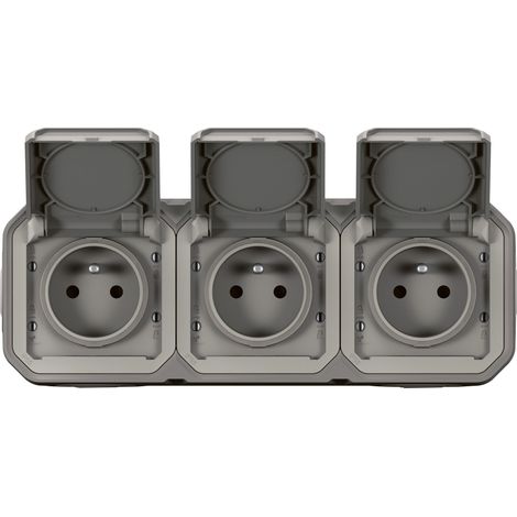Legrand - Triple prise de courant horizontale avec volet Plexo complet saillie - gris