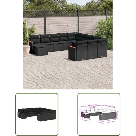 The Living Store 12-tlg. Garten-Sofagarnitur mit Kissen Schwarz Poly Rattan - Gartenmöbel Set - Rattan Möbel - Outdoor Sofa - Lounge Set - Esszimmergarnitur (1/3)