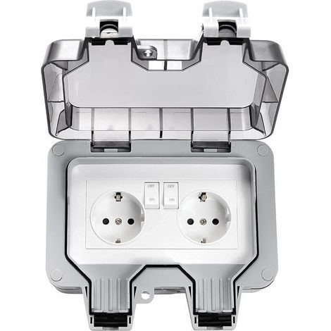 IP66 Outdoor Double Power Socket, 2 Gang Waterproof Outdoor Sockets, Waterproof Wall Sockets with Lids,