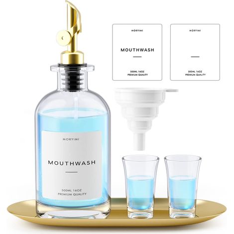 Distributeur de bain de bouche en verre de 473 ml pour salle de bain, récipient de bain de bouche avec bec verseur, distributeur de bain de bouche réutilisable avec tasses, plateau doré (1/5)
