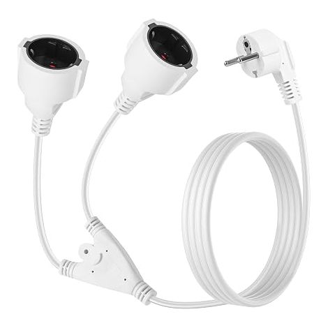 Extension Cable with 2 Sockets, 16 A 250 V, Extension Cable with Contact Protection, Power Extension Cable for Home, Office, Shop, Work (White) (1/5)