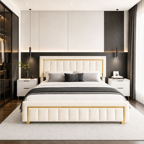 Lit coffre 140x200 cm avec sommier, lit double rembourrée en velours beige avec rangement hydraulique, tête de lit avec finition dorée, design chic pour chambre