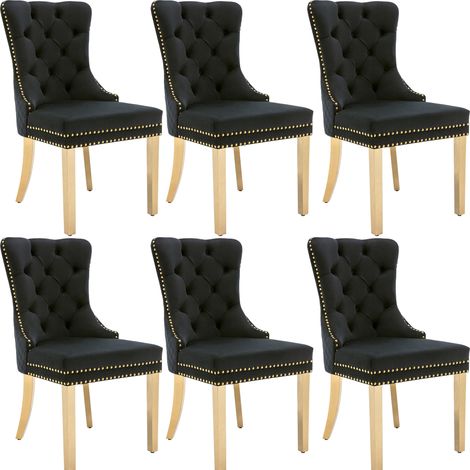 Lot de 6 chaises de salle à manger en velours noir avec anneau dossier, clous décoratifs et pieds dorés en métal, pour cuisine ou salon - CHICFURN (1/5)