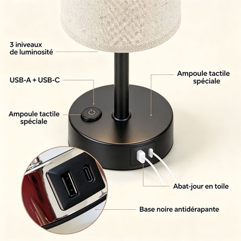 Lampe de chevet noire design bois et lin, interrupteur tactile 3 modes, double port USB (A+C), ampoule tactile dédiée incluse, H39 cm L12 cm - Noir (1/5)