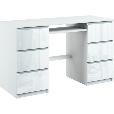 Schreibtisch Weiß Hochglanz 127 cm 6 Schubladen Tastaturauszug Bella B2