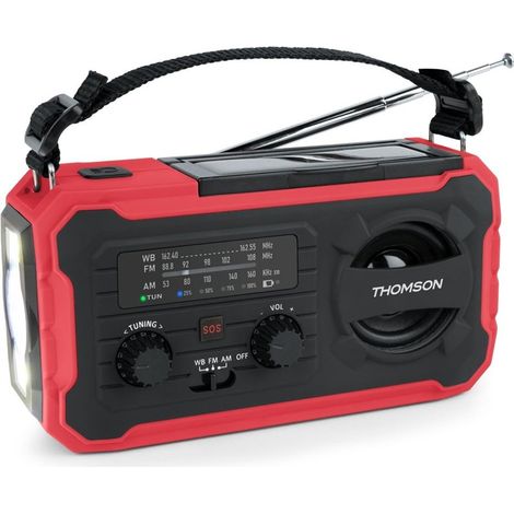 Radio Thomson AM/FM con 3 modos de carga, modo de alarma, SOS, sirena y luz rojo/negro modelo RT280R (1/5)