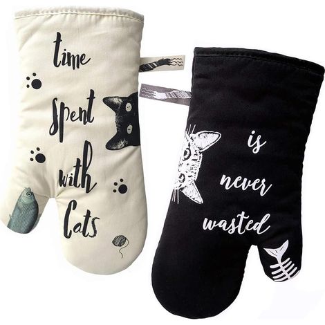 Kitchen Gloves Heat Resistant Oven Gloves Potholder and Glove for Cooking, Barbecue, Baking, Ivory and Black, Cat and Black Cat, Cat Lovers (1/5)