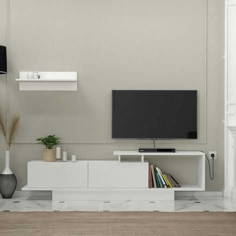 Meuble TV blanc design avec rangement, étagère assortie MARFA