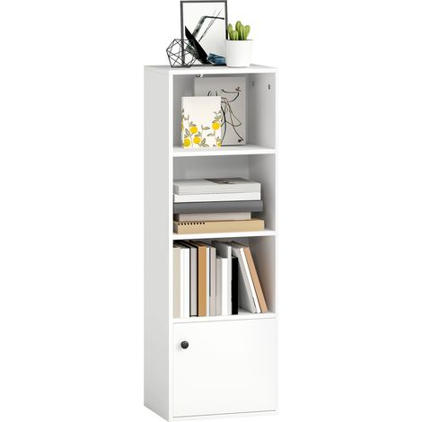 Libreria moderna a 4 ripiani con ripiani a giorno e anta, 40x30x120 cm, bianca.