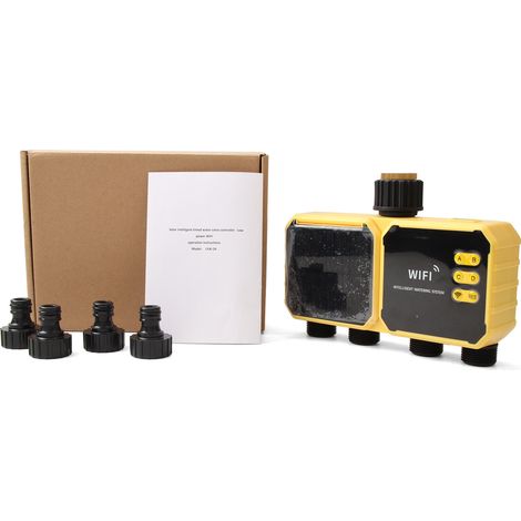 Minuterie d'irrigation intelligente WiFi Contrôleur de valve d'eau solaire Contrôle par application Capteur de pluie Système de jardin à 4 zones rechargeable pour les plages de patio extérieur (1/5)