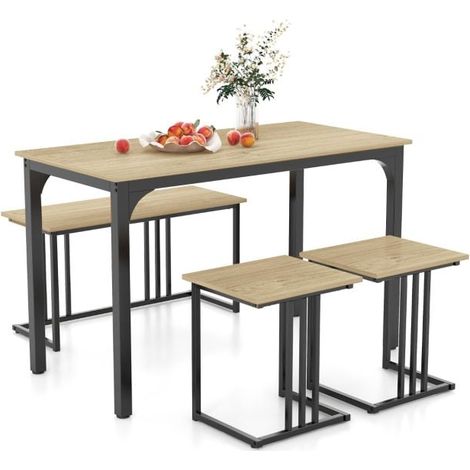 Ensemble table à manger 4 pièces naturel pour 4 personnes : table + banc + 2 tabourets, cadre acier poudré patins réglables gain de place pour cuisine salon bureau café (1/5)