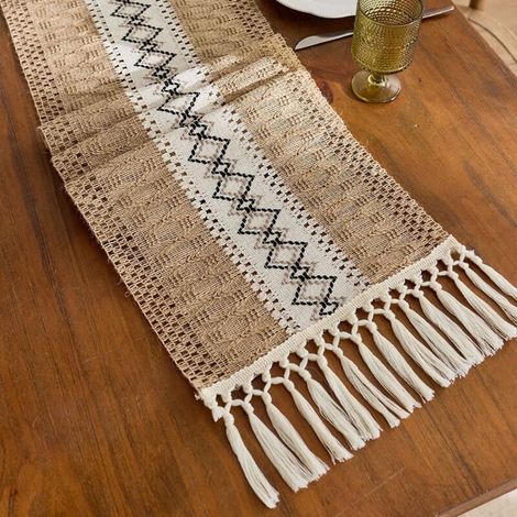 Tissage losange 30x160cm Chemin de table en coton et lin à blocs de couleur, orné de pompons ajourés noués, longue nappe décorative pour meuble TV de salon, table basse, set de table. (1/5)