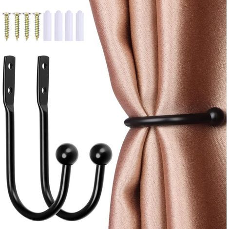 Lot de 2 embrasses de rideaux en métal noir avec vis pour rideaux muraux, rideaux de fenêtre, rideaux de douche (1/4)