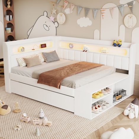Letto da giorno imbottito 90x200 cm bianco con testiera, USB, LED, 2 cassetti e mobile portariporre scarpe