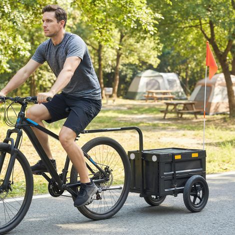 Remorque à vélo, chariot à bagages, pliable, coffre de transport en plastique, 65 l, couvercle à ouverture rapide, 145 x 51,5 x 72 cm, noir (1/5)