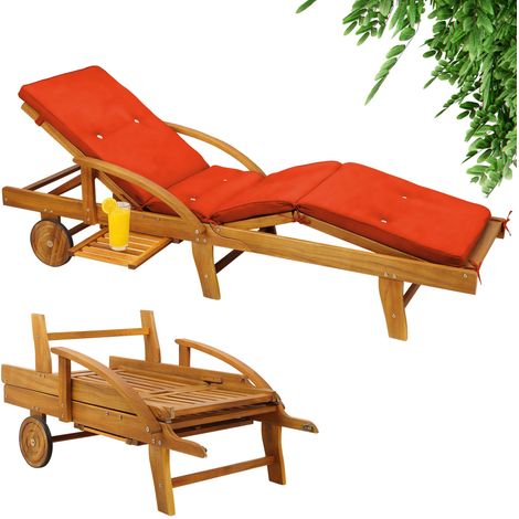CASARIA® Sonnenliege Holz inkl. Auflage 320kg Belastbar Gartenliege 195x55cm Klappbar Räder Rückenlehne Verstellbar Ablage Akazie Balkon Garten Terrasse Liege Wetterfest Orange (1/5)