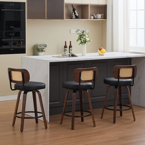 Tabourets de bar 3 pièces, hauteur 66 cm, rotin, dossier canné, assise rembourrée, noyer, noir (1/5)