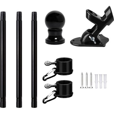 Juego de mástil para bandera de exterior – Mástil metálico para veranda con base de doble orificio, 116 cm / 3,8 pies, negro (1/5)