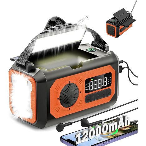 Filiyano – lampe torche et lampe – Radio d'urgence à manivelle 12 000 MAH, AM/FM/NOAA, radio solaire multifonction, 2 panneaux solaires, chargement (1/5)
