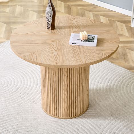 Table à manger ronde 100x100x76 cm, plateau en 4 segments, montage facile, rangement intégré, MDF et métal, bois naturel (1/5)