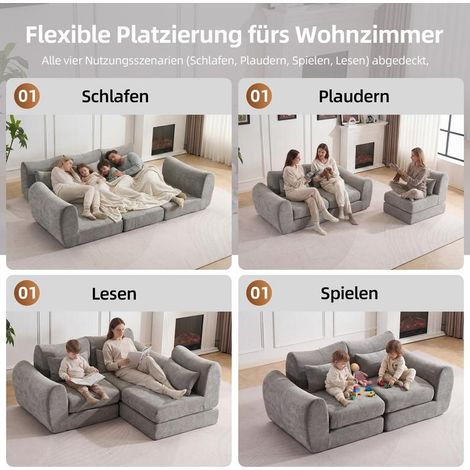 Modulares 3-Sitzer Schlafsofa in L-Form, Sofa mit Schlaffunktion, werkzeuglos montierbar, platzsparend