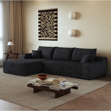 Canapé d'angle modulable 270 cm avec chaise longue L, tissu côtelé noir, REDOM (1/5)