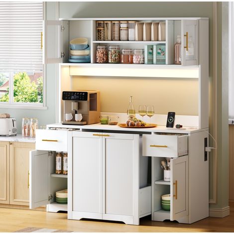 Meuble de cuisine haut avec plan de travail, 2 tiroirs, étagères réglables et meuble poubelle extractible, LED RGB, prises USB, MDF blanc – CHICFURN (1/5)