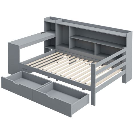 Schlafsofa aus Massivholz,Mit Schreibtisch Bücherregal Ablagefächern und Regalen, Mit Steckdose, Mit 2 großen Ablagefächern, Multifunktionales Holzbett