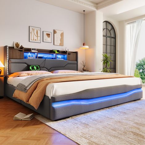 letto contenitore 180x200 LED USB lino grigio OKMYHOME (1/5)