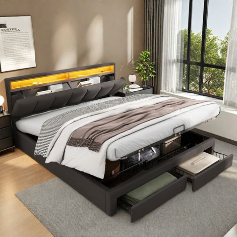 Letto contenitore 160 x 200 cm, letto 160x200 con rete a doghe, letto matrimoniale con 2 cassetti e illuminazione LED, struttura letto con testiera, grigio, rivestimento in lino (1/5)