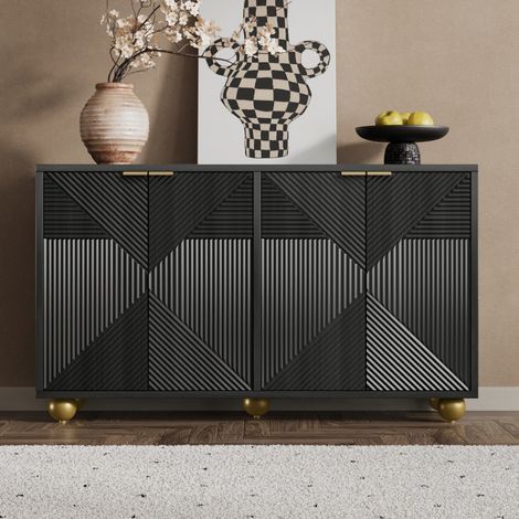 Buffet noir en MDF 4 portes sculptées, étagères réglables, poignées dorées