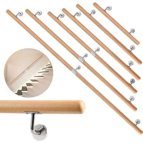 Randaco Buchenholz Handlauf 200 cm, 2-teilig, Treppenhandlauf aus Massivholz mit Edelstahl-Wandhalter, Ø 4,2 cm, lackiert, für Treppe Flur Bad Gartenstufen (1/5)