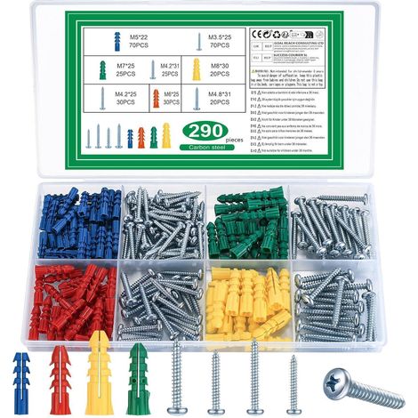 Dübel Schrauben Set 290 Stk Universaldübel Ziegel Linsenkopfschrauben (1/5)