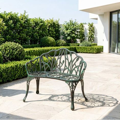 Banco de jardín (99x57x78 cm), para 2 personas, respaldo ergonómico, aluminio fundido, verde antiguo (1/5)