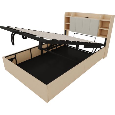 Hydraulisches Bett mit Bettkasten 140 x 200 cm, Kopfteil mit Stauraum und USB-C (1/5)