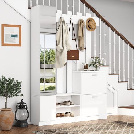 Kompakte Flurgarderobe, Dielenmöbel mit Schuhschrank und Flurspiegel, platzsparende Wandgarderobe, 135 × 25 × 180 cm, Weiß (1/5)