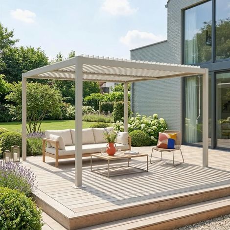 Pergola bioclimatique beige aluminium et acier lames orientables 3.6x3.6m Palace (1/5)