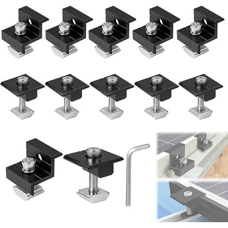Kit of 12 Solar Panel Brackets 30-35 mm, Aluminium Photovoltaic Solar Panel Mounting for Rail, 6 T-Clamps and 6 Z-End, PV Roof Clamp, Black (1/5)