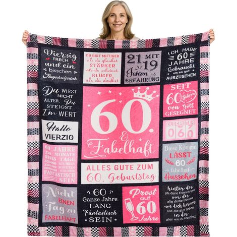 Youyijia Geschenk für Frau zum Geburtstag - Lustige Geburtstagsdecke 150x130 cm für Frauen, Mama, Oma - Weiche Dekodecke mit bedruckten Sprüchen Frauen (Rosa, 60th) (1/5)