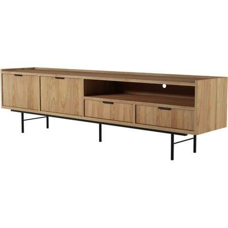 Mobile TV Con 2 Ante A Ribalta 2 Cassetti E Vano A Giorno Con Passacavo Design Minimal Struttura In Melaminico 200 X 40 X 55 Cm Rovere (1/5)