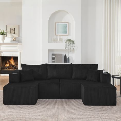 Canapé d’angle modulable 3 places noir en velours côtelé doux avec 2 poufs mobiles, porte-gobelets, poches latérales, coussins, salon (1/5)