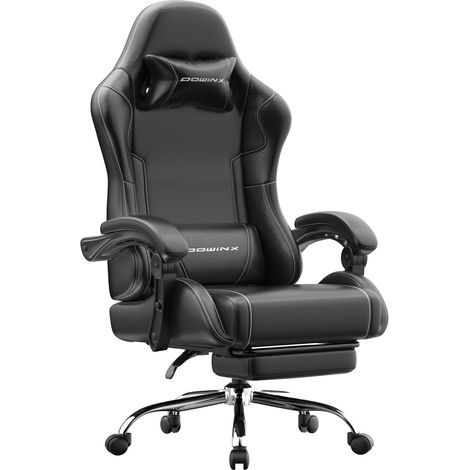 Dowinx Gaming Stuhl Schwarz, Massage mit Verstellbaren Armlehnen & Fußstütze, Gepolstert, Bis 180kg, Büro Gamer Stuhl