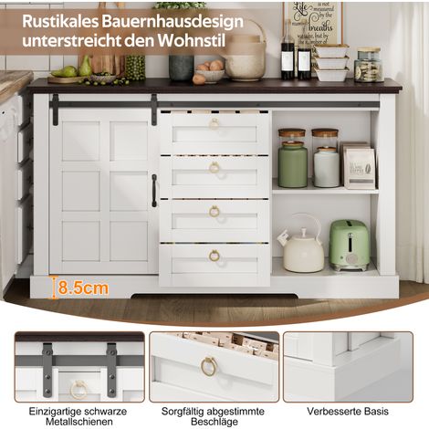 Buffet 150x40x85 cm portes coulissantes 4 tiroirs style campagnard vintage,étagères réglables cuisine salon.