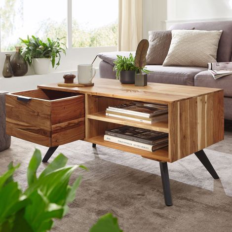 Table basse 1 tiroir 2 niches 95x45x45 cm en acacia massif et métal
