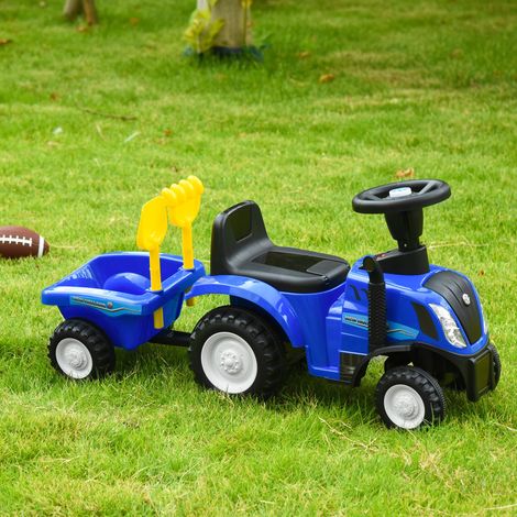 Tracteur électrique pour enfants avec coffre de rangement amovible, râteau et pelle, voiture pour enfants avec phares LED et klaxon, bleu (1/5)