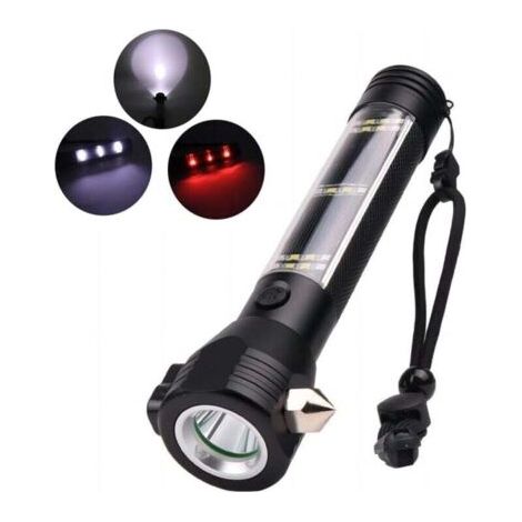 Lampe de poche multifonction 10 en 1 pour voiture - Avec brise-vitre - Coupe-ceinture de sécurité - Lampe de poche solaire multifonction avec 7 modes - Lampe de poche LED pour voiture - Noir (1/4)