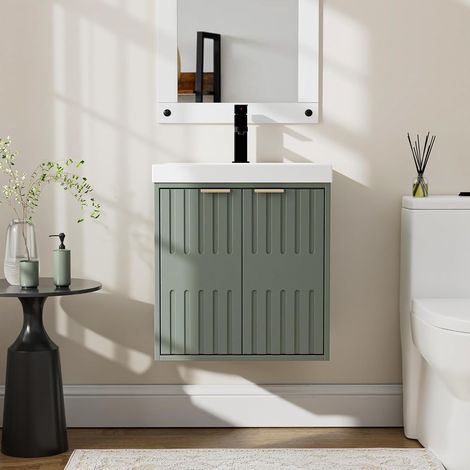 UEV Meuble de Salle de Bain Suspendu avec Vasque - Armoire sous-Lavabo 2 Portes Finition Bois - Gain de Place & Entretien Facile, Idéal pour Petites Salles de Bain et WC 50 x 38 x 55 cm, Vert (1/5)