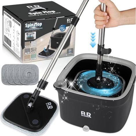 Ensemble seau à serpillère avec essoreur rotatif à 360° et 4 têtes de serpillère en microfibre avec poignée télescopique facile à presser avec panier de nettoyage à sec - Nettoyage de la maison en (1/5)