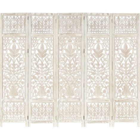 Divisorio 5 Pannelli Intagliato Bianco 200x165cm Mango Massello vidaXL (1/5)