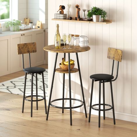 Ensemble table de bar 3 pièces avec 2 tabourets rembourrés, revêtement en similicuir, dossier, structure en métal, marron (1/5)